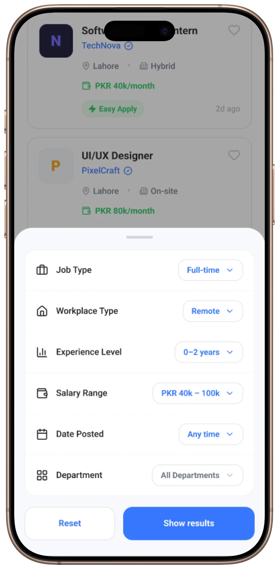 Step Schools mobile — Job Filters