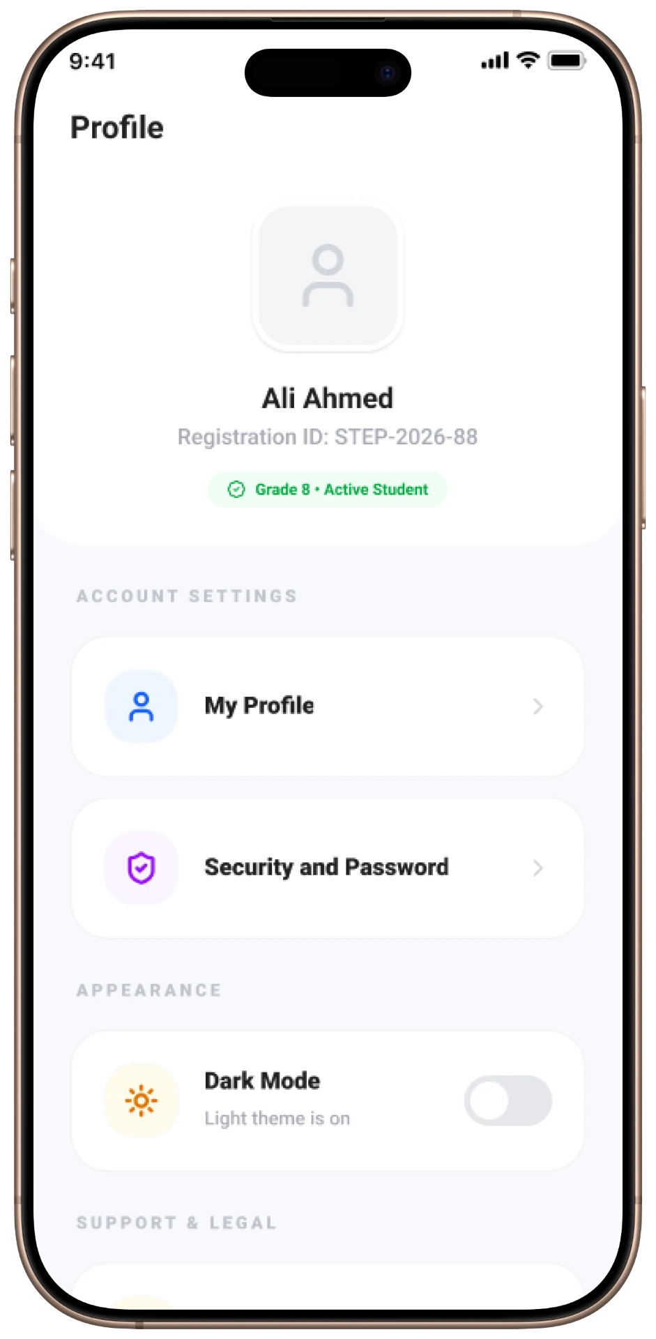 Step Schools mobile — Profile — Light Mode