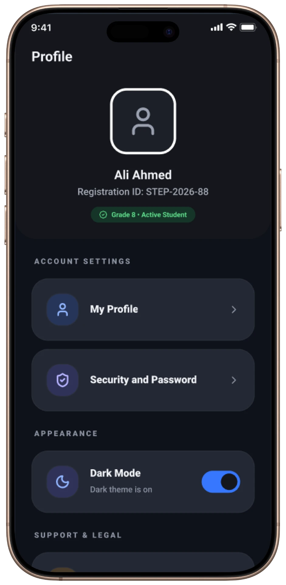 Step Schools mobile — Dark Mode — Profile
