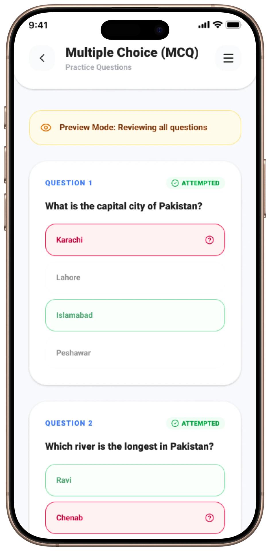 Step Schools mobile — Review All Questions