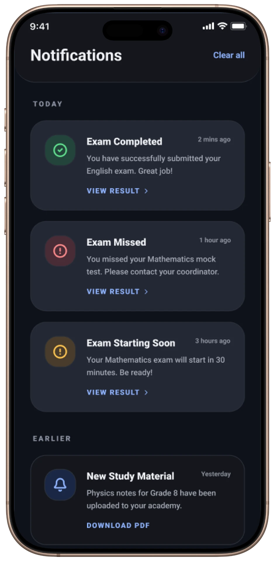 Step Schools mobile — Dark Mode — Notifications
