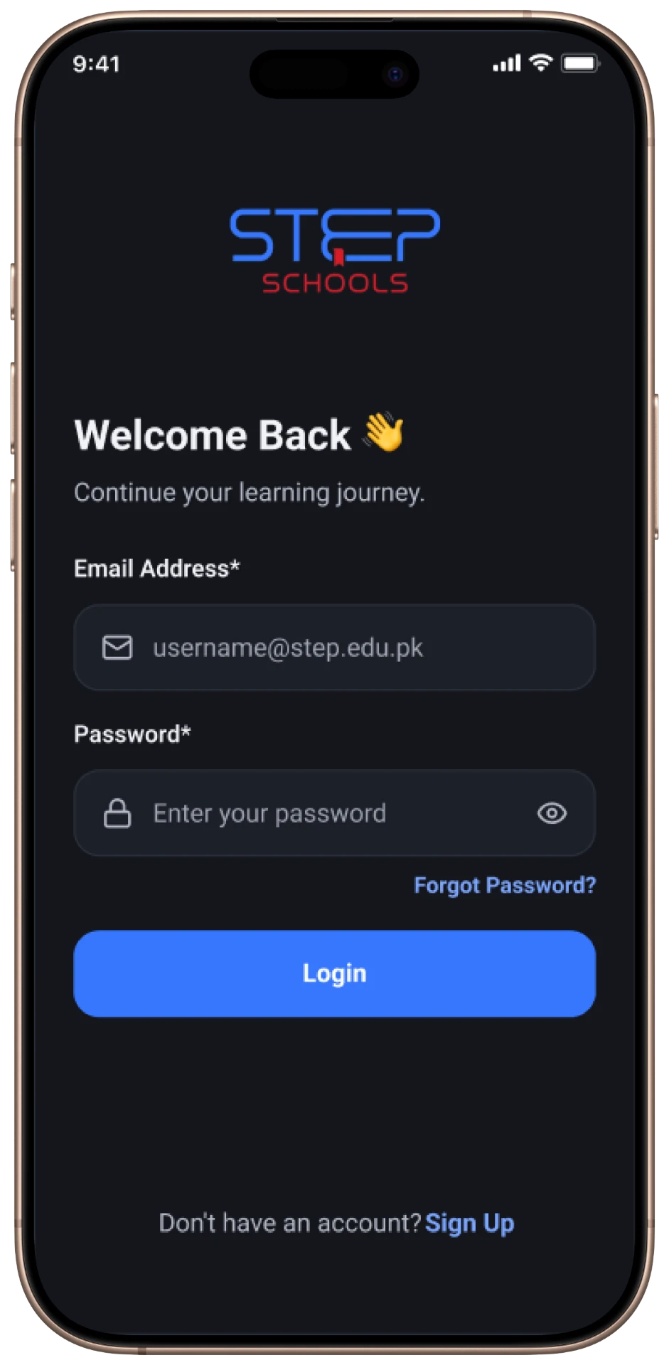 Step Schools mobile — Dark Mode — Login
