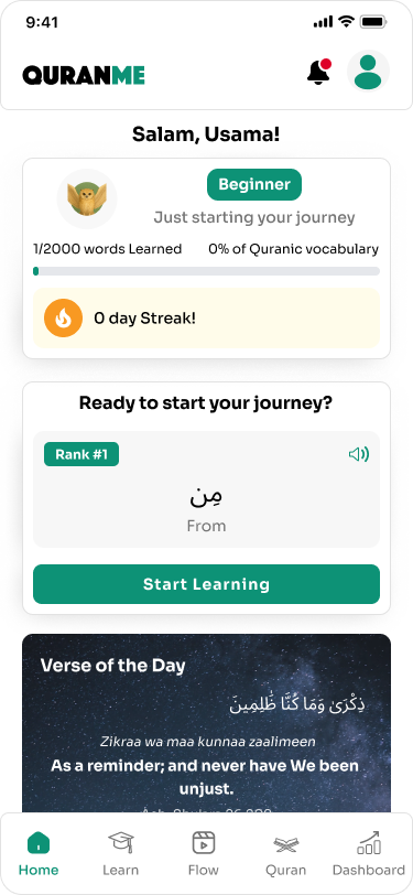 QuranMe mobile — Home & Progress
