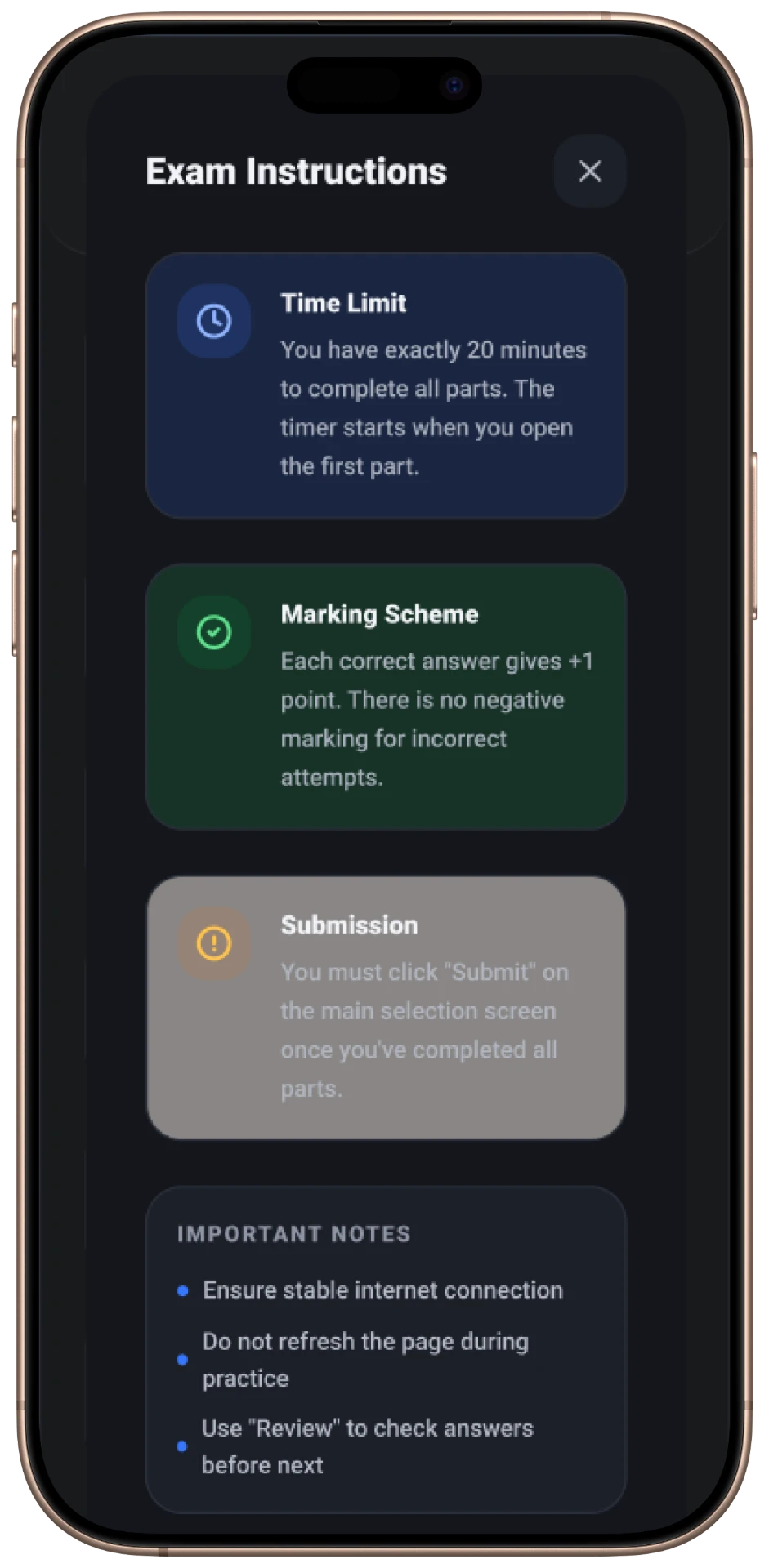 Step Schools mobile — Dark Mode — Exam Instructions