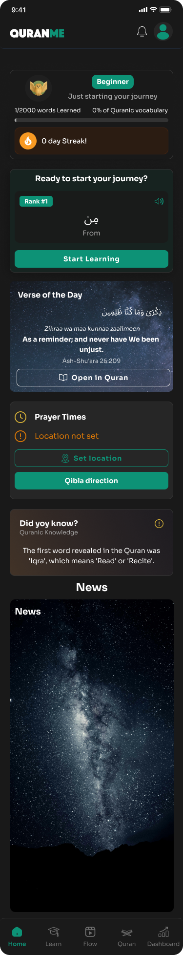 QuranMe dark mode — Home — Dark
