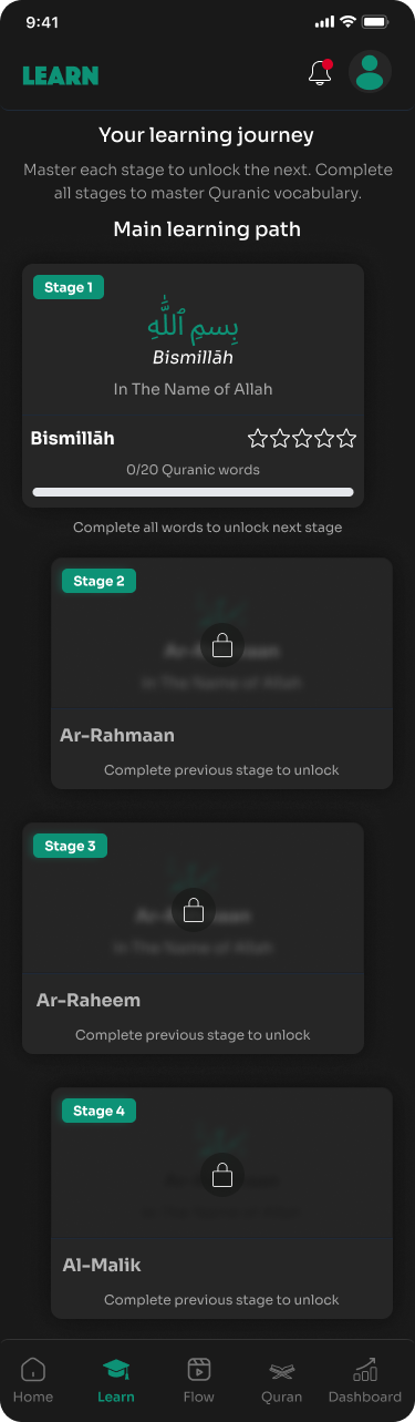 QuranMe dark mode — Learn — Dark