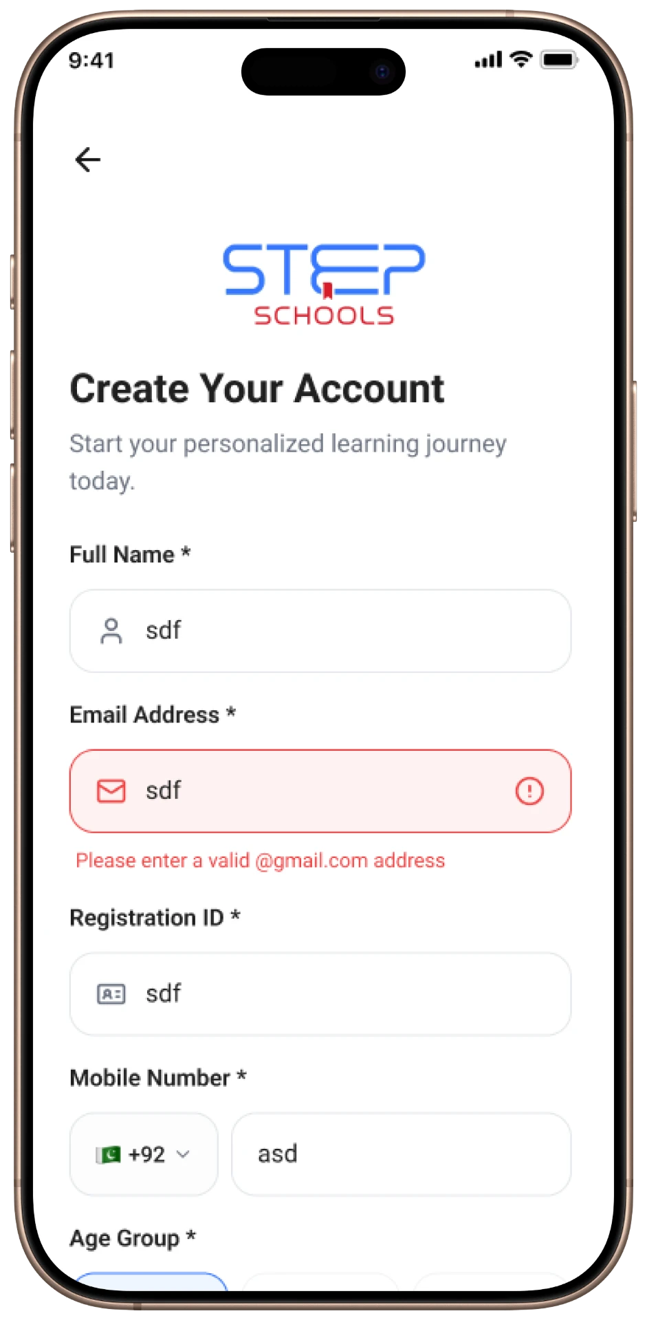 Step Schools mobile — Sign Up