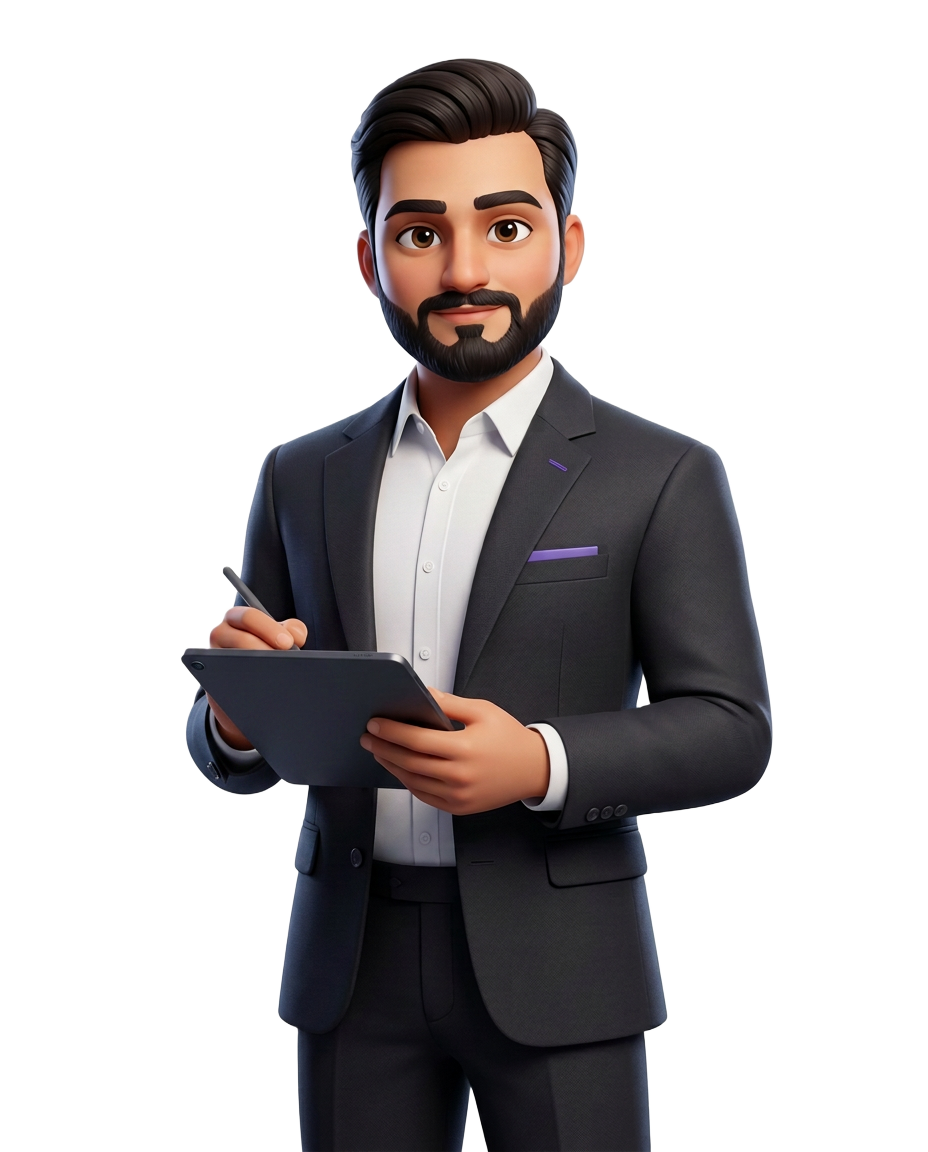 Stylized 3D avatar of Usama Shahzad designing on a tablet